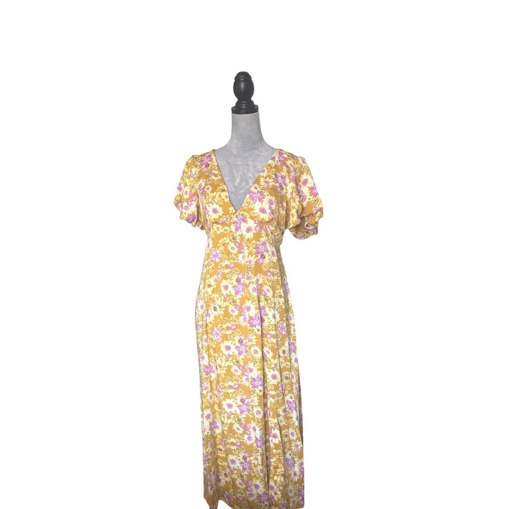 Rewind Womens XL Yellow Floral V-Neck Open Back Crisscross Maxi Boho Summer